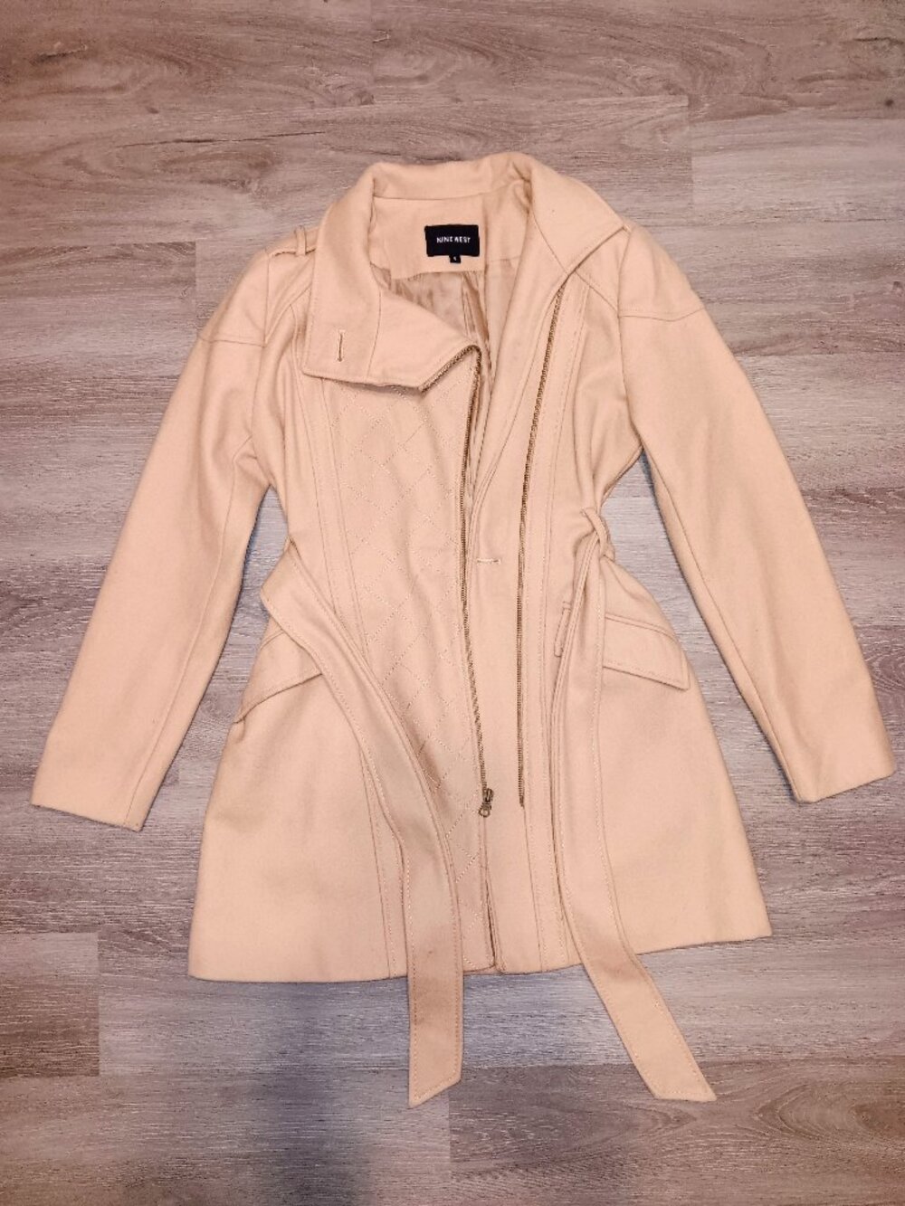 Nine West Cream Belted Moto Trench Coat Jacket Asymmetrical Zip Size S!! ✨